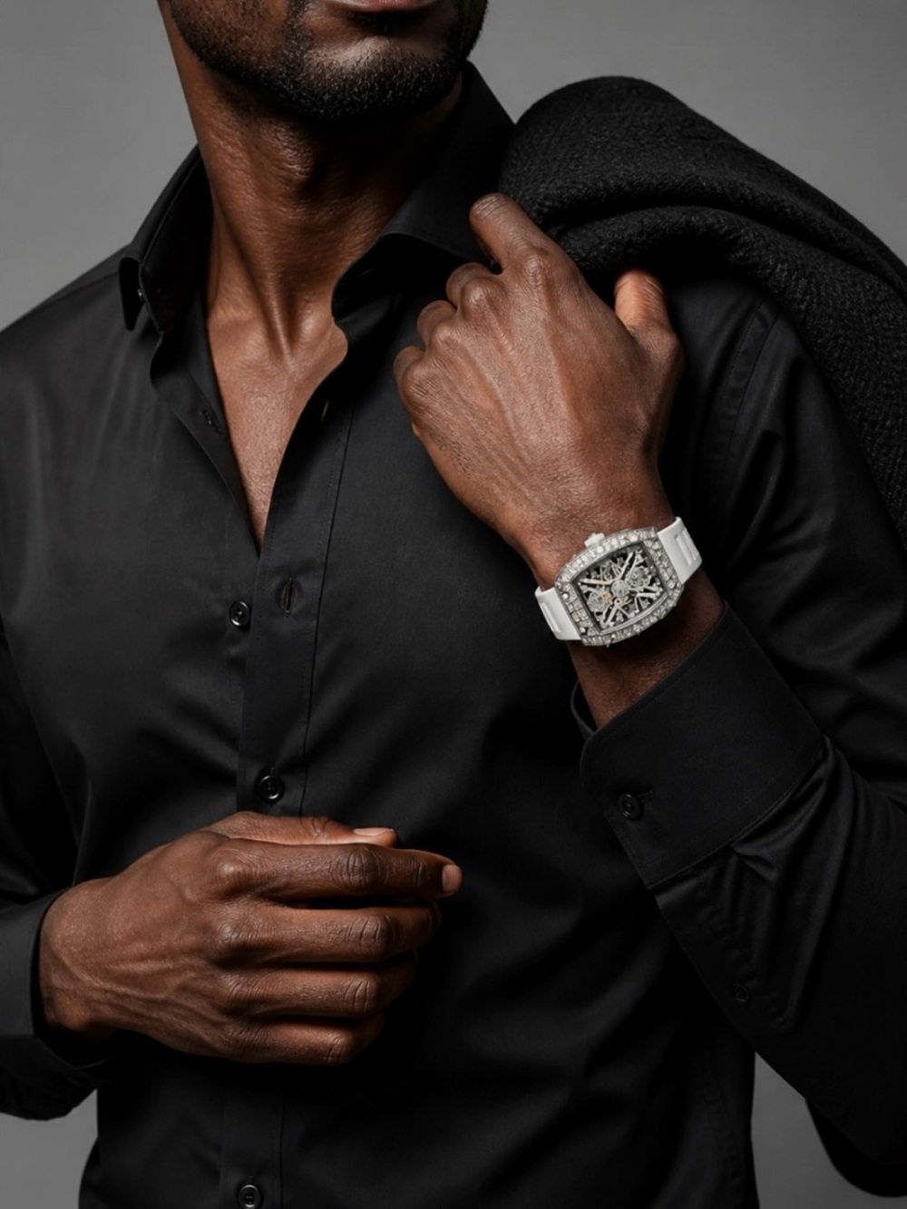White Men's Skeleton Dial Sport Watch With Crystal Accents